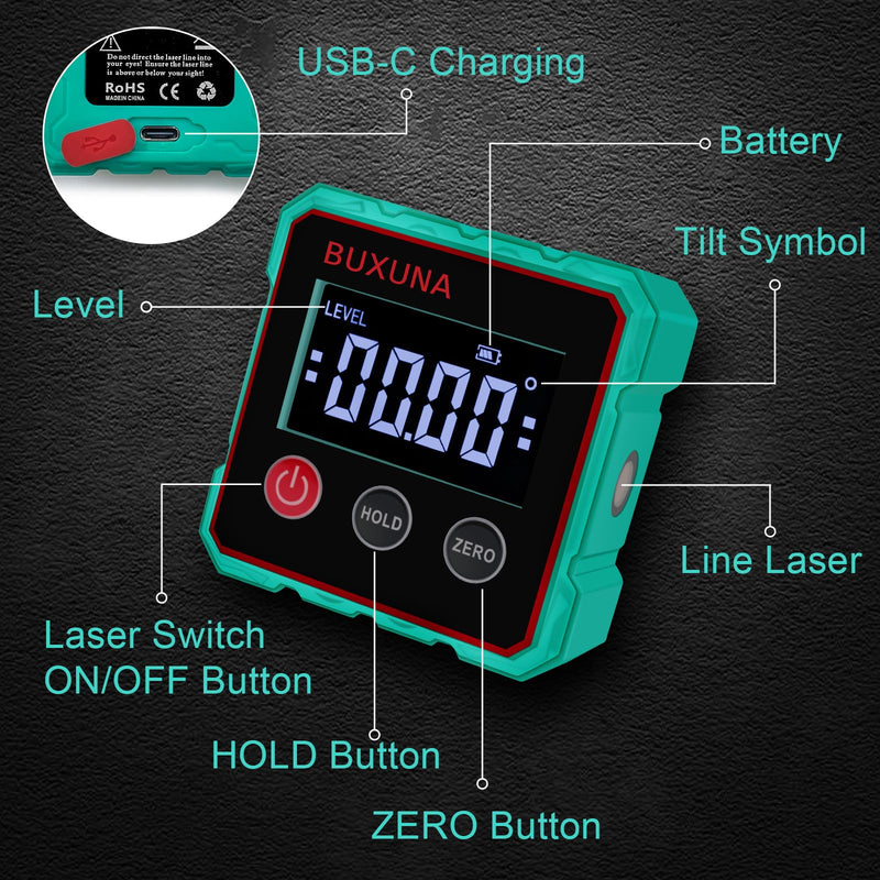 [Australia - AusPower] - Digital Angle Finder, Digital Level, Digital Angle Finder Magnetic, Rechargeable Digital Angle Gauge, For Table Miter Saw, Woodworking, Construction(Laser Level Is Class Ii, Output<5mw) 