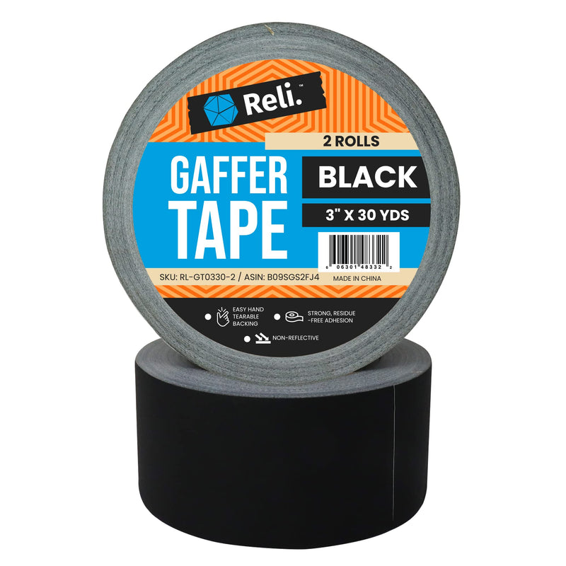 Reli. Gaffers Tape, Black | 2 Rolls | 3" x 30 Yards Per Roll (60 Yards Total) | Heavy Duty Gaff Tape/Gaffer 2 Inch Wide | Black Cloth for TV Production/Filming, Cables/Electrical Cords