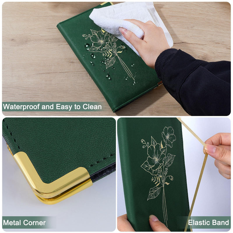 [Australia - AusPower] - Server Books for Waitress, PU Leather Server Book with Zipper Pockets, Flower Pattern Waitress Book with Pen Holder Fit Server Apron Check Presenters for Restaurants Green 