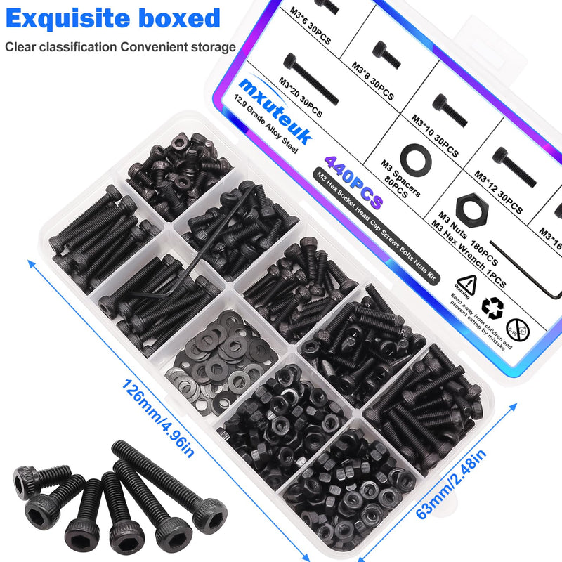 [Australia - AusPower] - mxuteuk M3 Screw Kit,M3 Screws Suitable for 3D Printer,12.9 Grade Alloy Steel M3 Bolts,M3 x 6/8/10/12/16/20mm Hex Socket Head Cap Screws Bolts Nuts Kit(440PCS) 