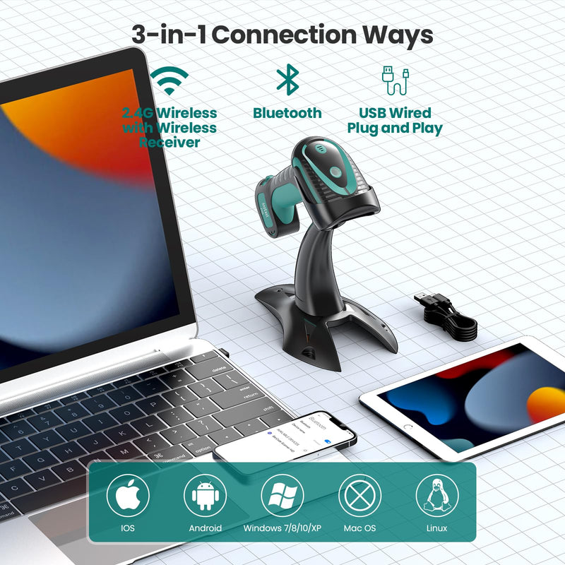 [Australia - AusPower] - Wireless Barcode Scanner with Stand, Industrial 1D 2D QR Bluetooth Barcode Scanner with Drop Resistant Dustproof Waterproof,USB Bar Code Reader Scanner for Android, iOS, Windows Green-2 