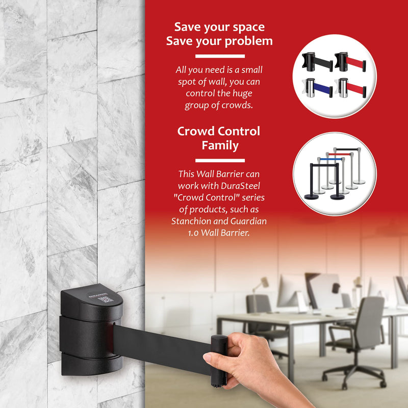 DuraSteel Wall Mount Retractable Belt Barrier - 6.5 Ft Black Safety Belt in Sturdy Black Casing - Guardian 2.0 Indoor & Outdoor Do Not Cross Caution Tape for Crowd Control Queue Barrier, Line Divider Guardian 2.0 Black Body Black Belt 1