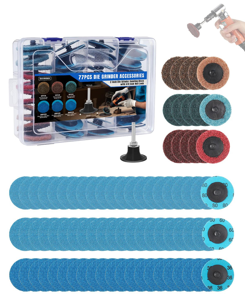 77 PCS 2 Inch Zirconia Sanding Discs, 1/4 Inch Roll Lock Quick Change Disc Accessories for Milwaukee M12 and Dewalt Die Grinders, Surface Conditioning for Paint, Rust Removal and Metal Deburring 77 PCS