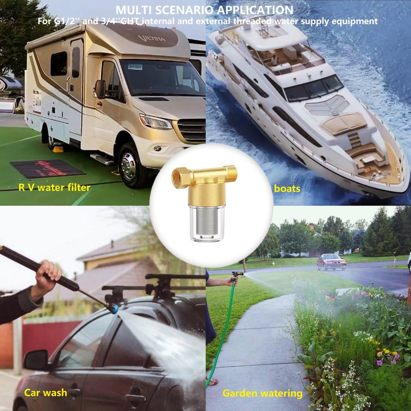 DR02 Reusable Brass Sediment Filter, 40 Micron Washer Water Filter, For Washing Machine, Heater, Faucet, RV, Protecting Appliances, Reduces Clothes Yellowing, Anti Scale Shower Filter