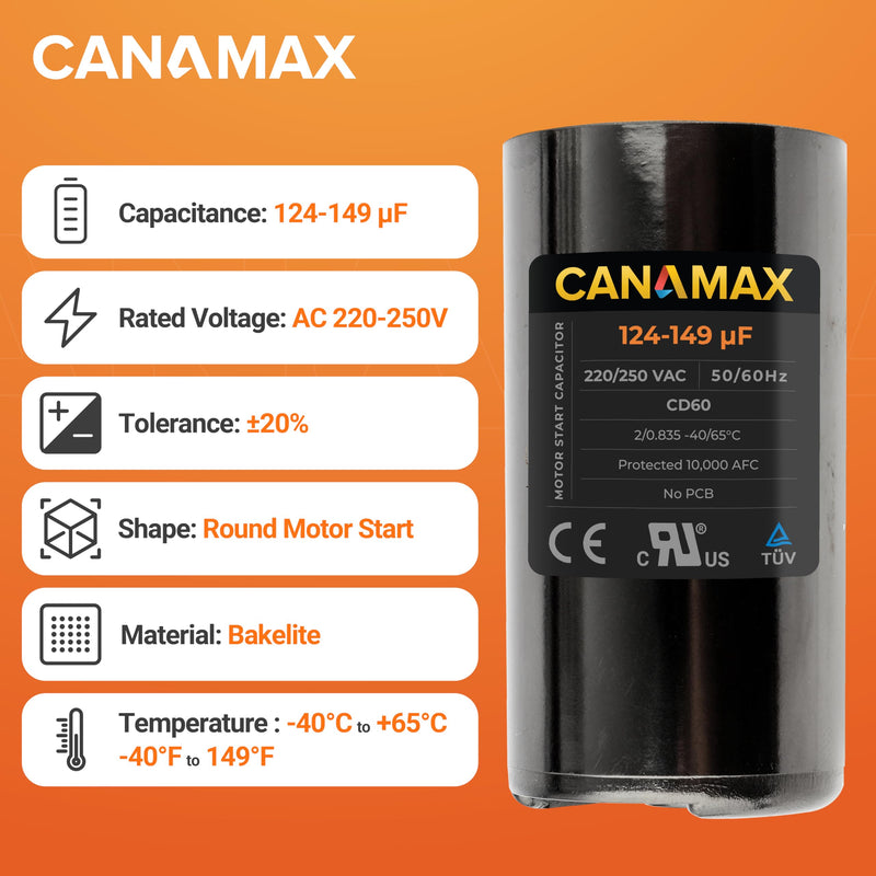 [Australia - AusPower] - Canamax 124-149 uf/MFD 220-250VAC Round Run Start Capacitor - Replacement for AC Motor Run or Fan Start and Cool or Heat Pump Air Conditioner 