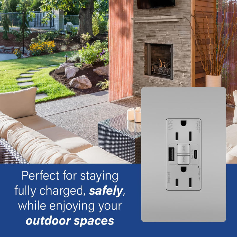 Legrand Pass & Seymour Radiant 15 Amp GFCI Weather-Resistant Wall Power Outlet with 2.0 Amp USB Charger, Gray