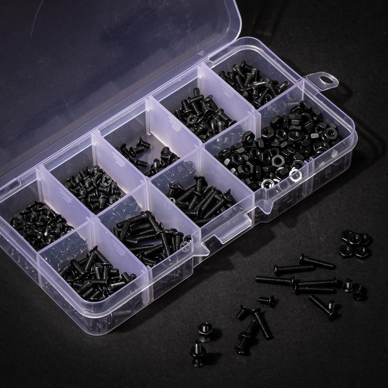 [Australia - AusPower] - 620 Pcs M2.5 Flat Head Machine Screws Black Phillips Screws Bolts Nuts Assortment Kit M2.5 x 3mm/4mm/5mm/6mm/8mm/10mm/12mm/14mm 