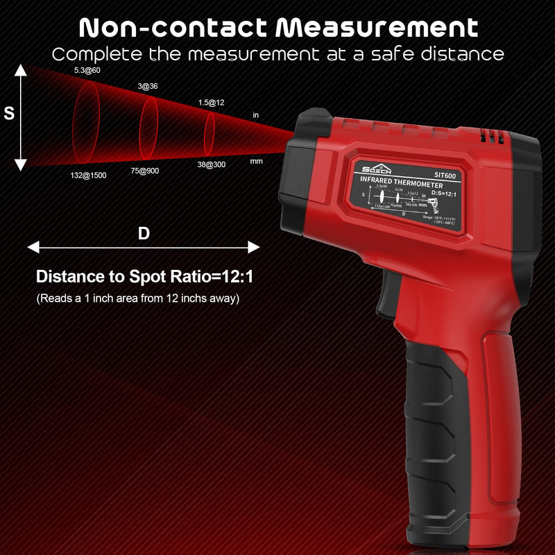 [Australia - AusPower] - Infrared Thermometer Gun,SQECH Laser Thermometer Gun -58℉～1112℉(-50℃～600℃),Non-Contact Temperature Gun with Adjustable Emissivity&Color Backlight for Cooking, Pizza Oven,BBQ,Fridge,Engine,HVAC(Red) Red(-58℉～1112℉) 