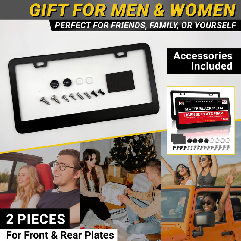 Premium Matte Black License Plate Frames – 2 Pack, Rust-Free Stainless Steel, Rattle-Free, Universal with Screw Caps, Slim-Top Design, Thin Rigid Metal Front & Rear Car Tag Holders - for Men & Women 2 Piece