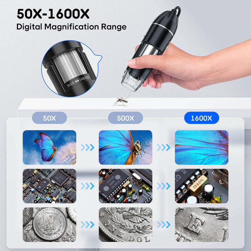 [Australia - AusPower] - USB Digital Microscope, 50x-1600x Magnification Handheld, 1440P HD 8 LED Lights, Portable Microscope Compatible with iOS and Android Devices, 2MP Portable Microscope Camera for Adults, Kids 