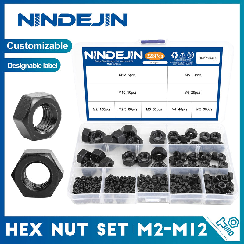 [Australia - AusPower] - NINDEJIN 326pcs Metric Black Hex Nuts Assortment Kit, M2 M2.5 M3 M4 M5 M6 M8 M10 M12 Assorted Metric Hardware Nuts Set, 9 Sizes Carbon Steel Metal Hex Nuts for Screw Bolt 