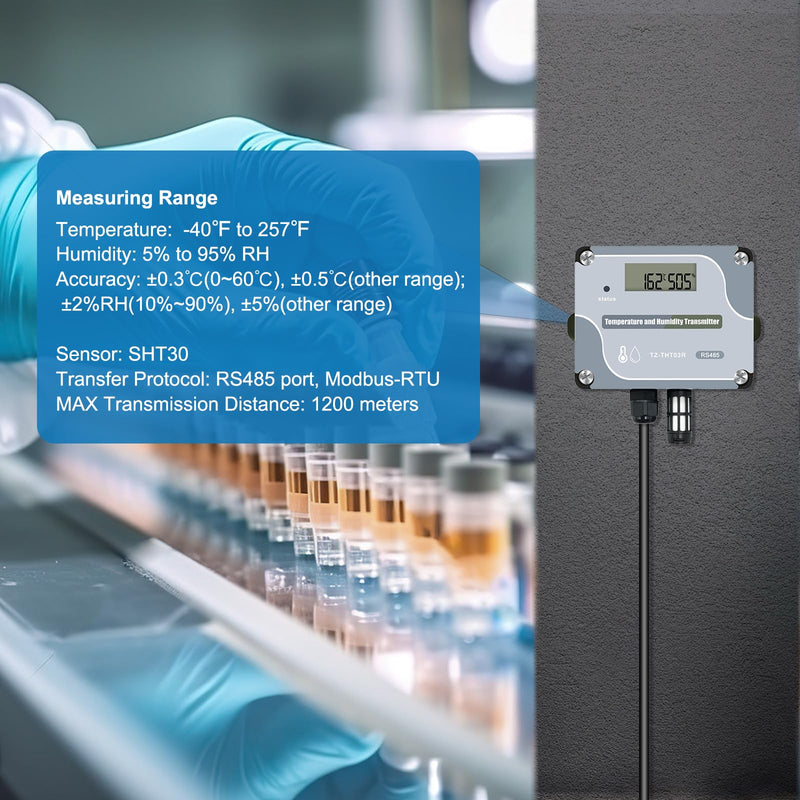 Tzone RS485 Temperature Humidity Sensor Modbus RTU Temp Sensor Digital Industrial Temp and Humidity Transmitter Wall Mounted,-40℉ to 257℉ Temperature Probe Analog Moisture Monitor Greenhouse Grow Tent THT03R RS485 Output