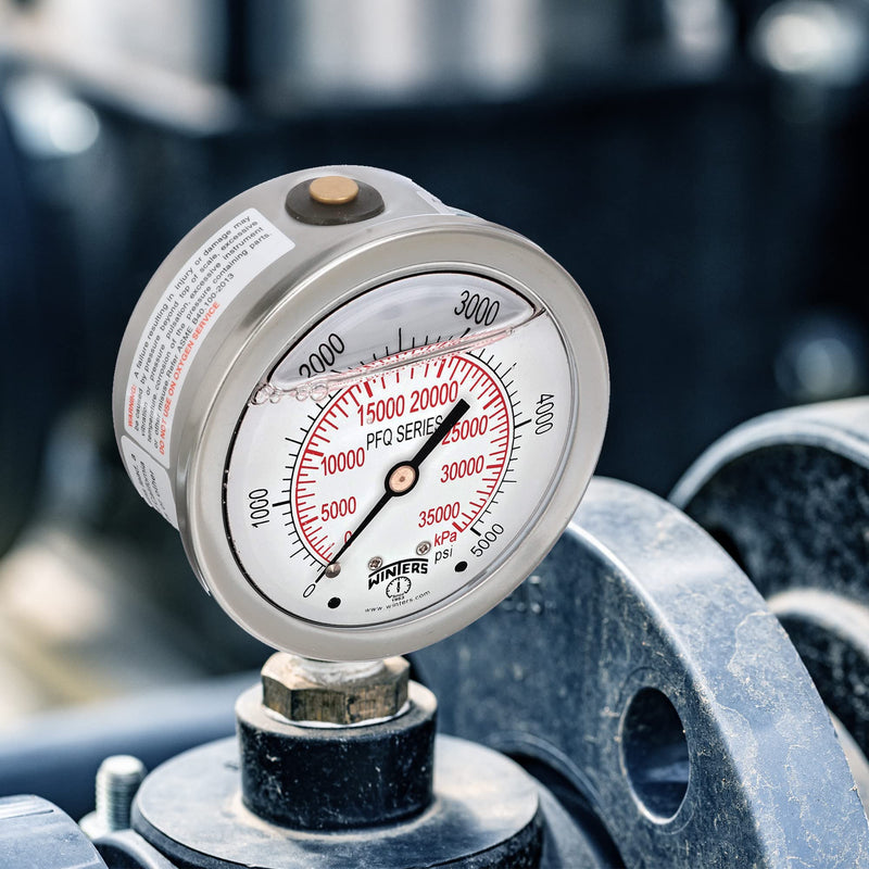 [Australia - AusPower] - Winters 2-1/2" Dial Size, Liquid Filled Industrial Pressure Gauge, Brass Internals, Stainless Steel Case, Dual Scale 0-5,000 psi/kPa, 1.5% Acc, 1/4" NPT Bottom Mount, Glycerin Filled Pressure Gauge 0/5,000 PSI/kPa 