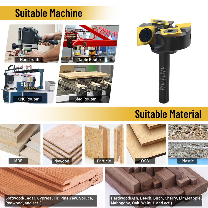 Slab Flattening Router Bit 1/4" Shank, 1-1/4" Cutting Diameter, 2+2 Titanium-Coated Flutes, Carbide Inserts for CNC Spoilboard Surfacing Planing and MDF Surfacing for Slab Leveler, Rabbeting 1/4" Shank, 1-1/4" Cutting Diameter,2+2 Wings