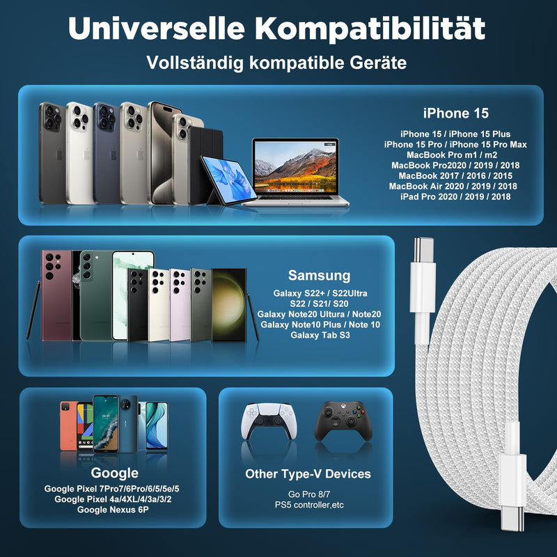 USB C to USB C Cable 2 M + 3 M 2 Pieces 60 W, iPhone 15 16 17 Charging Cable USB C Fast Charging Cable PD USB Type C Charging Cable Nylon for Apple iPhone 15 16 17 Pro Max/Pro/Plus/iPad Pro/Air | USB Type-C PD Fast Charging Cable Nylon for iPhone 15/16...