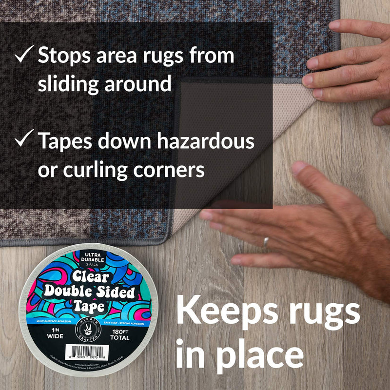 HIPPIE CRAFTER Clear Double Sided Tape, 1 Inch Wide Heavy-Duty Adhesive, Removable Mounting Tape for Posters, Carpets, Wall-Safe Use, 3 Pack, 60 Feet Each, 180ft Total 1 Inch Wide - 3 Pack