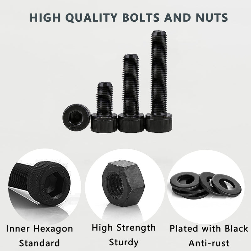 [Australia - AusPower] - 219 Pcs M4 M5 M6 Black Metric Hex Socket, 12.9 Grade Alloy Steel Head Cap Screws Bolts Washers Nuts Kit, Hex Socket Bolts and Nuts Assortment Set Screws Black Socket Head 