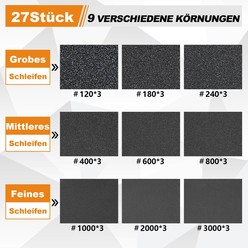 Sanding Sponge Set, 120-3000 Grit Wet & Dry Sandpaper, Pack of 27 | 70 x 100 mm silicon carbide sanding sponges, washable and reusable, flexible sanding block for wood, metal, car, furniture Mix Grit