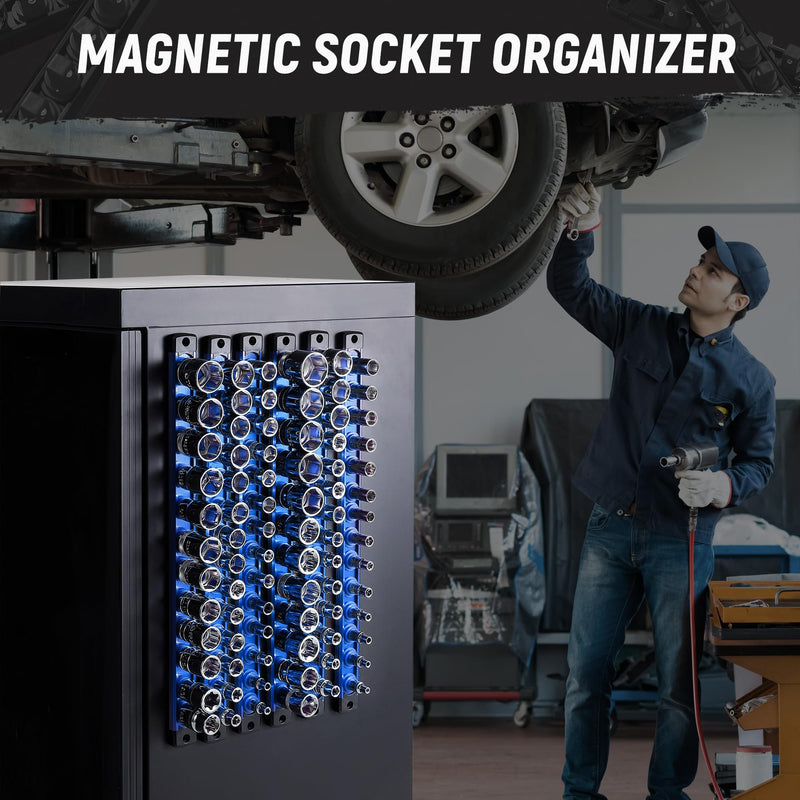 ALOANES Magnetic Socket Organizer Set, 3-Piece Heavy Duty Aluminum Socket Holder Socket Rail Organizer for Tool Box, 360° Swivel Clips Socket Rack 1/4, 3/8, 1/2-Inch x 40 Clips (Blue) 3PC (1/4, 3/8, 1/2-Inch Drive) Blue