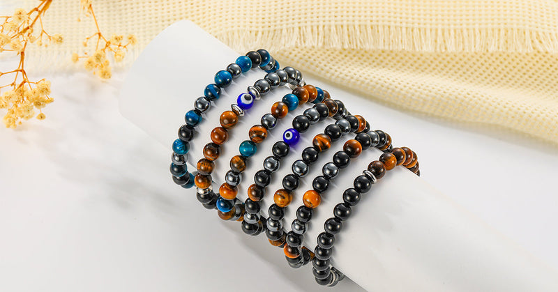 Gnamy Healing Crystal Bracelet Gifts for Men, Triple Protection Hematite Black Obsidian Tiger Eye Gemstone Beaded Bracelets Birthday Healing Jewelry Gifts Black-7