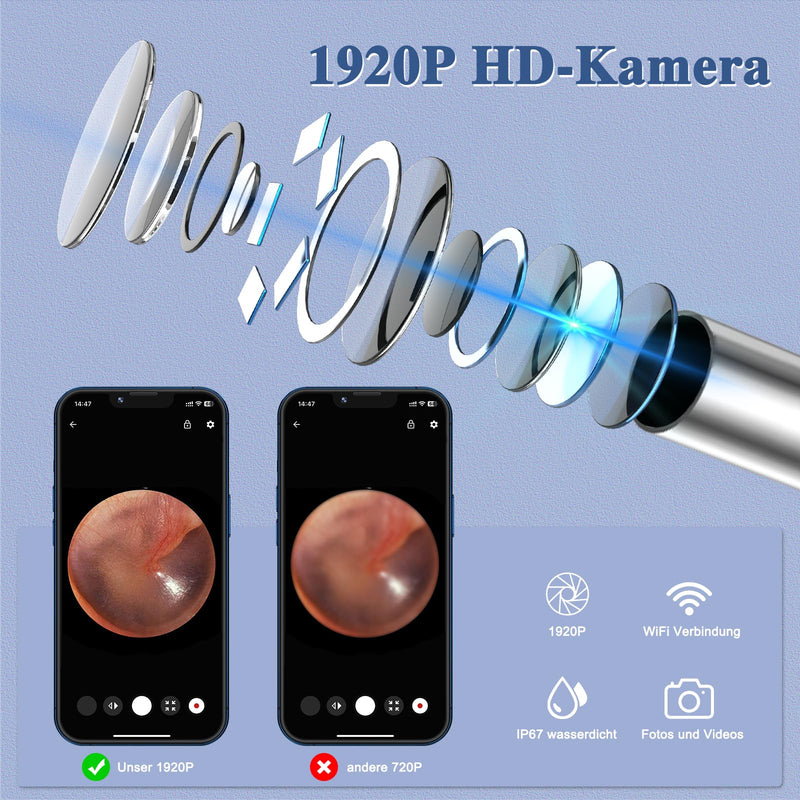 Ear Wax Remover, 1920P Ear Cleaner, IP67 Ear Cleaner | 1920P Sensor, 3 Axis Gyroscope, IP67 Waterproof, 8 Replacement Attachments, Compatible with Android Smartphones, iPhones and iPads