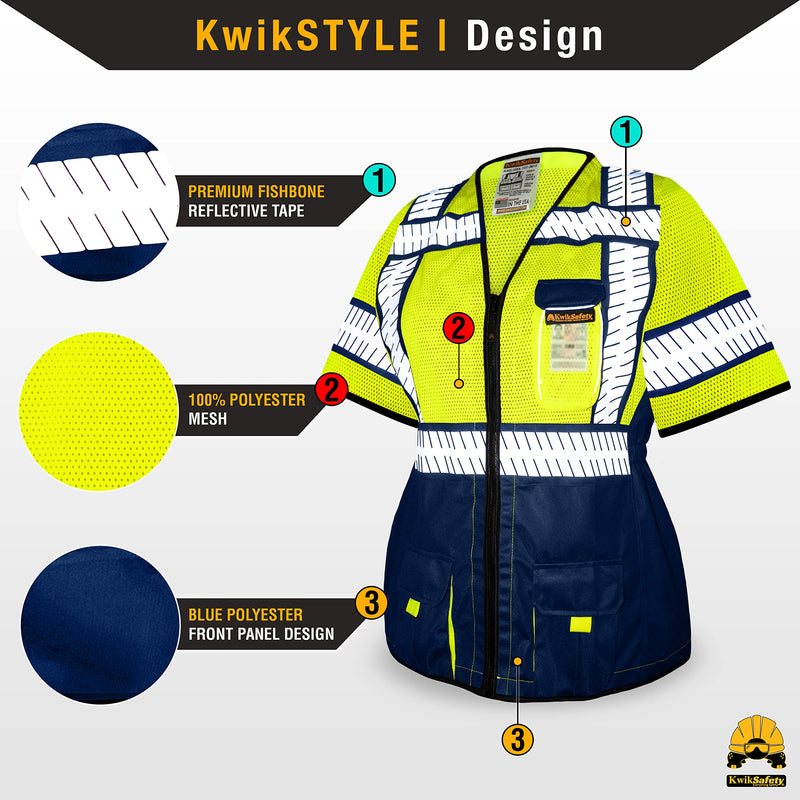 KwikSafety - Charlotte, NC - SHERIFF Class 3 Safety Vest for Women [REFLECTIVE FISHBONE TAPE] ANSI Tested OSHA Compliant Hi Vis PPE Work Gear/Blue XL