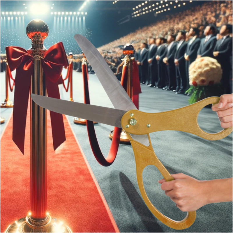 Grand Opening Ceremony Kit– 20 Inch Giant Scissors Gold with Red Ribbon for Inaugurations and Ceremonies Large Ceremonial Scissors for Ribbon Cutting Grand Opening Ribbon and Scissor for Special Event Gold Scissors + Red Ribbon