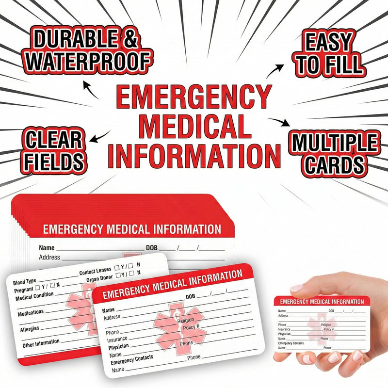 Pack of 10 Emergency Contact ID Cards for Medical Information - Medical Emergency Card Emergency Contact ID Cards for Wallet & Cell Phone Signal Red Heavy Duty Cardboard Bag Handbags