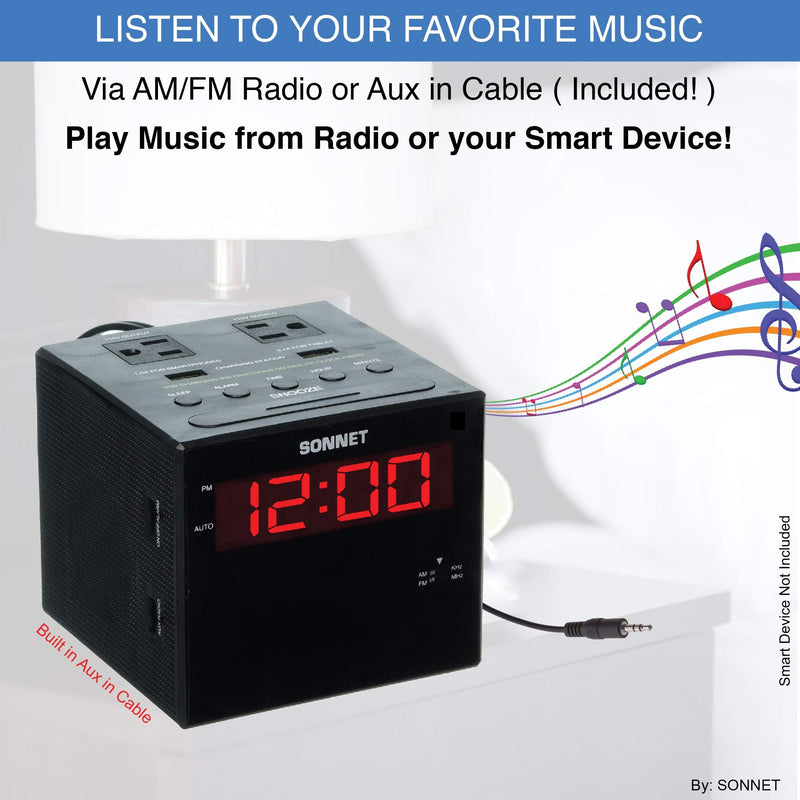 [Australia - AusPower] - Sonnet Alarm Clock Charging Station, AM FM Radio, Dual USB Charging Ports, Dual AC Outlets, Very Loud Alarm Clock for Heavy Sleepers and The Hearing Impaired for Desk, Bedroom R1414-NO BLUETOOTH 