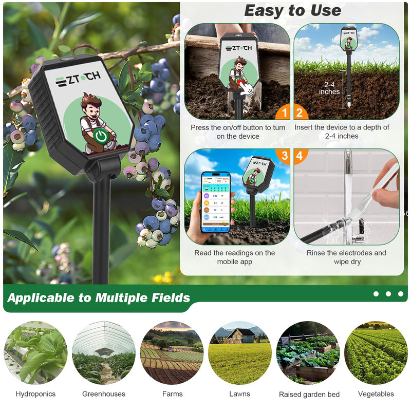 [Australia - AusPower] - Bluetooth Soil pH EC Tester, Smart Plant pH Fertility Meter, 8 in 1 pH EC Fertility Temp Salt Moisture Light Intensity Air Humidity Monitor for Blueberry, Garden, Lawn, Raised Garden Beds 8 in 1 pH Tester 