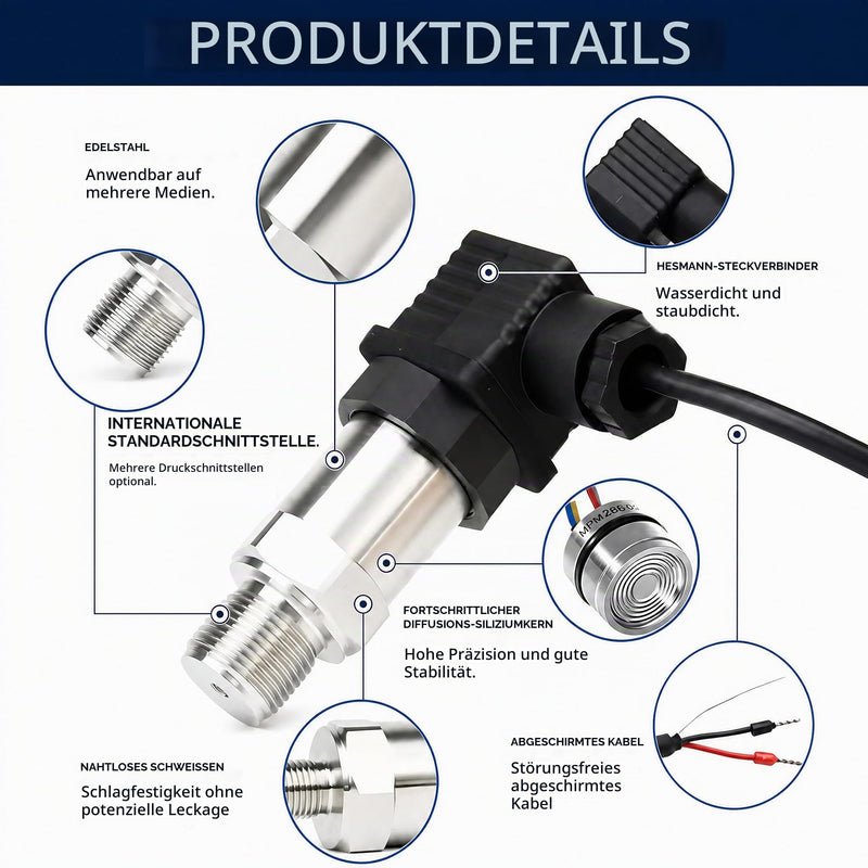 Stainless Steel Pressure Transducer, Pressure Sensor Silicon Pressure Transmitter Sensor Water Flow Sensor 4-20mA Output G1/4 Inch for Water Gas Oil (0-0.2 MPA) 0-0,2 MPA