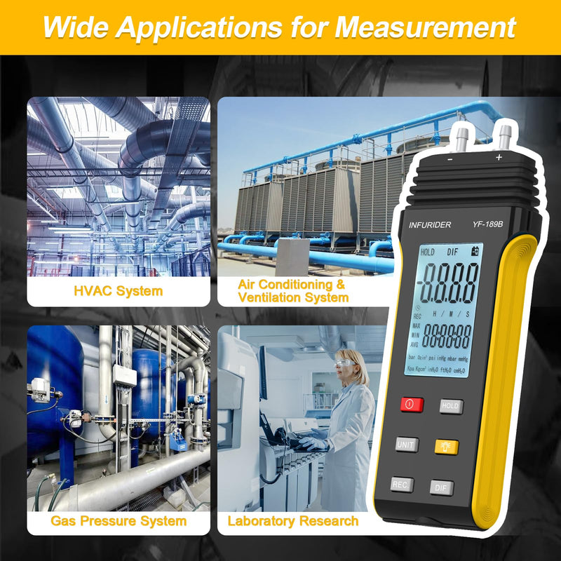 [Australia - AusPower] - Manometer, HVAC Digital Manometer Gas Pressure Tester, Handheld Air Pressure Meter, 11 Optional Units Differential Pressure Gauge YF-189B with Backlight, Data Hold Function… 