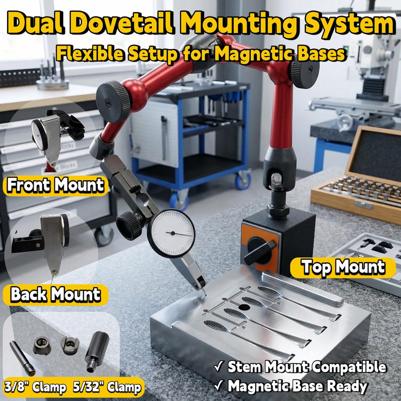 Professional Dial Test Indicator 0-0.03” Range, 0.0005” Graduation – Hardened Steel All-Metal Body with Dual Dovetail Mount (3/8” & 5/32”), Machinist Gauge in Storage Case