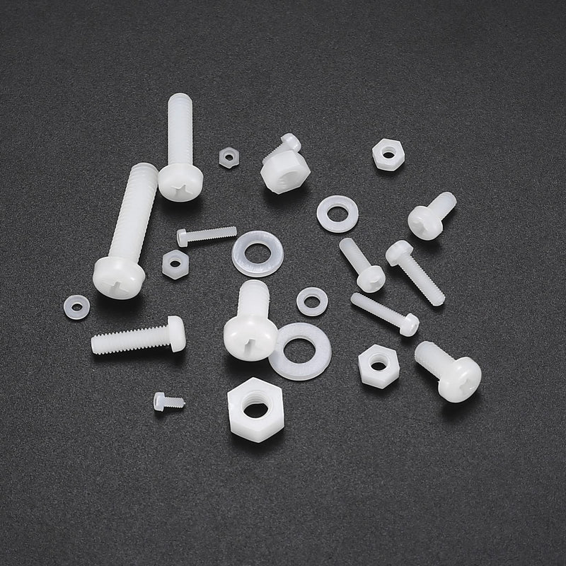 [Australia - AusPower] - 447 Pcs White Nylon Plastic Pan Round Head Screws Bolts and Nuts and Gaskets, Metric Full Threaded Hex Head Screws Bolts and Nuts and Washers Assortment Set - M2/M2.5/M3/M4/M5/M6 