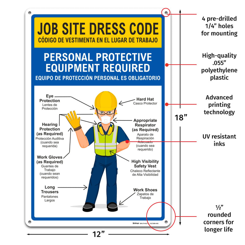 Brimar - 12" x 18" - Bilingual Job Site Dress Code Sign - .055″ Polyethylene Plastic - Bold Text - Easy Installation Bilingual Job Site Dress Code (12x18")