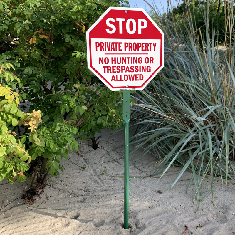 SmartSign 10 x 10 inch “Stop - Private Property, No Hunting Or Trespassing Allowed” LawnBoss Yard Sign with 3 foot Stake, 40 mil Laminated Rustproof Aluminum, Red and White, Set of 1