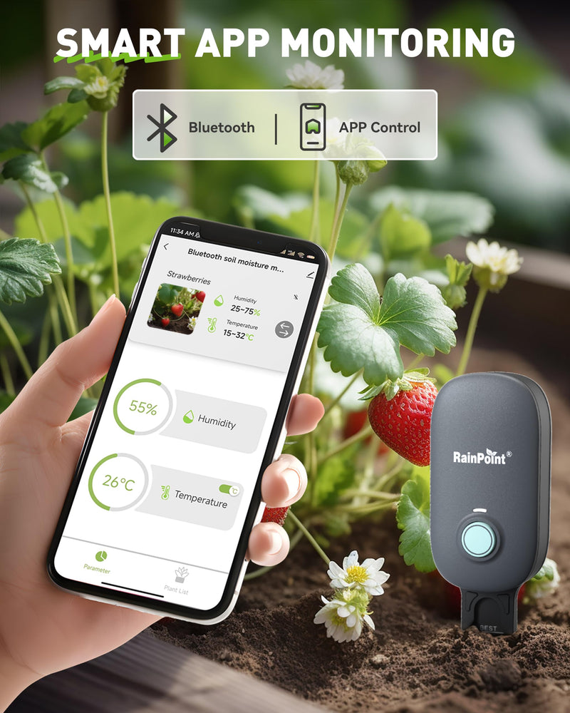 [Australia - AusPower] - RAINPOINT Bluetooth 2-in-1 Soil Moisture & Air Temp Meter, App Remote Monitoring, 20 Plant Database, Compatible with WiFi Hub TWG009 & Water Timer ITV102b 