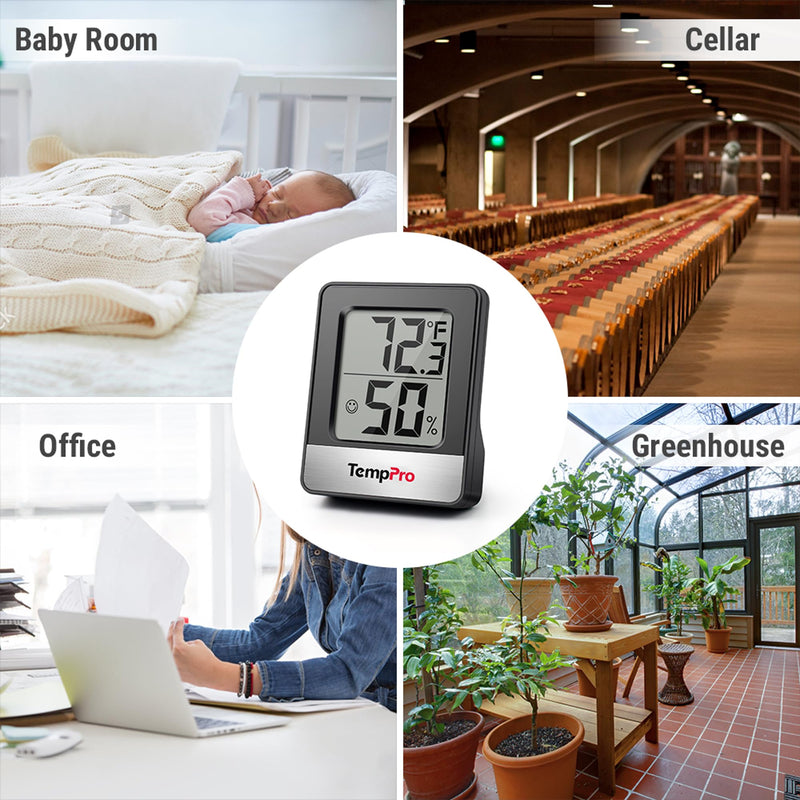 TempPro TP49 3 Pieces Digital Hygrometer Indoor Thermometer Humidity Meter Mini Hygrometer Thermometer with Temperature and Humidity Monitor Room, Black (Previously ThermoPro) Pitch Black