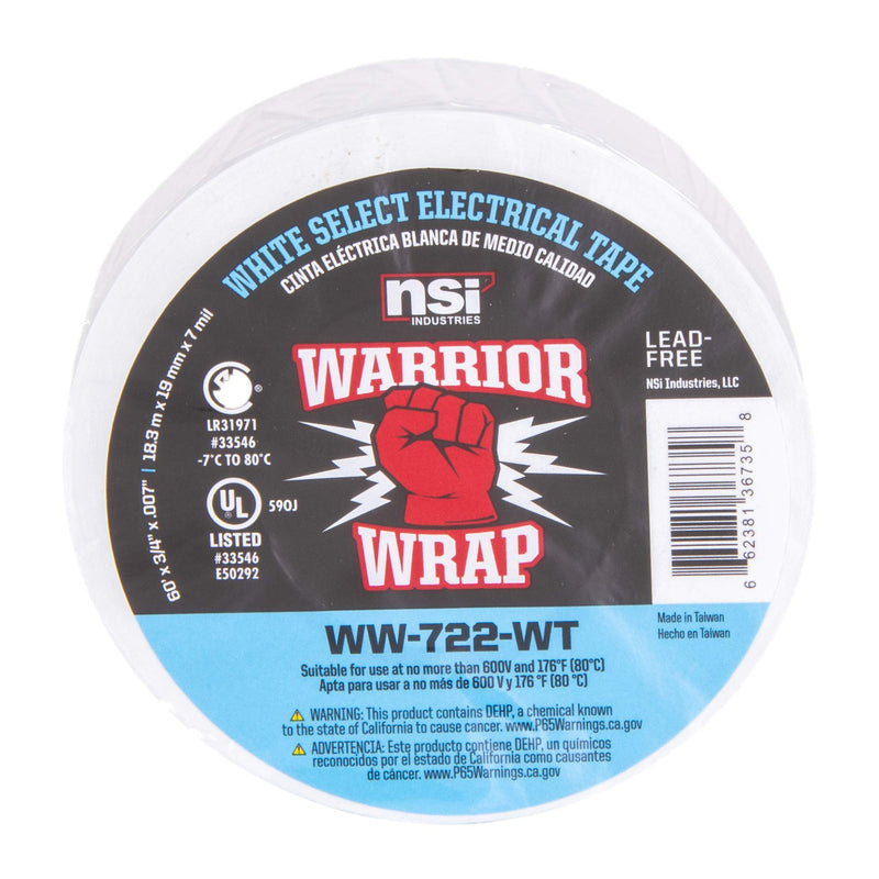 [Australia - AusPower] - NSI WW-722-GY WarriorWrap Select 7 mil Vinyl Electrical Tape, 3/4" Width, 60' Length, White 