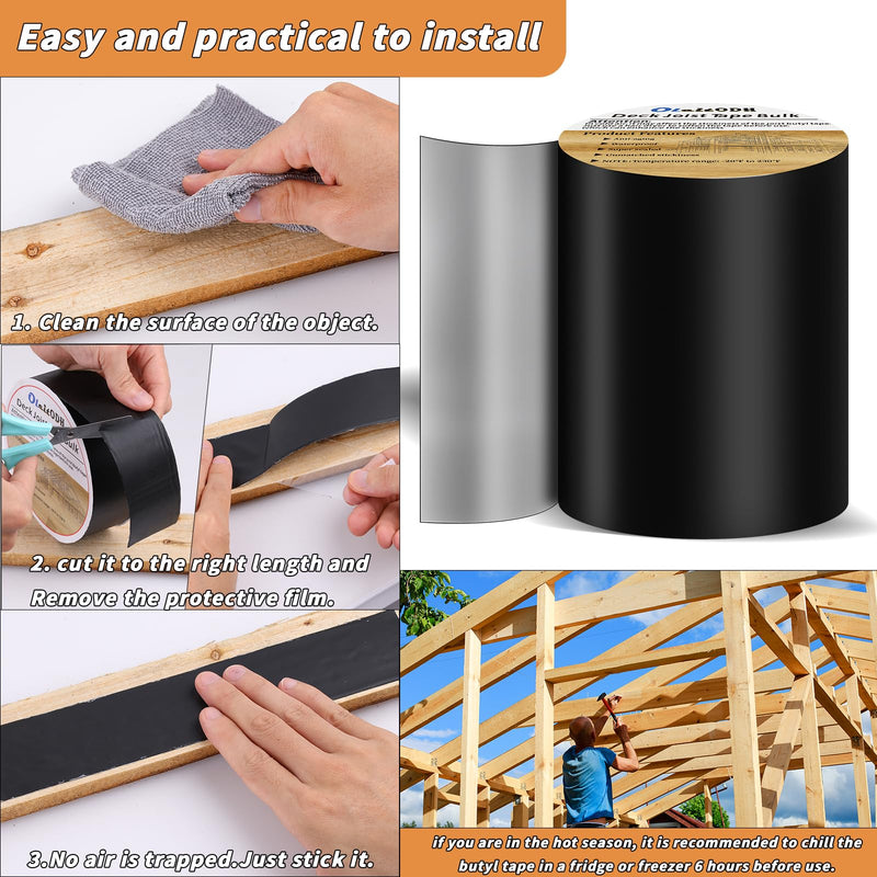Oleitodh 2 Rolls Butyl Joist Tape for decking, 6 Inch x 50 Feet Weatherproof Butyl Sealant Deck Tape Joist-Beam Deck Joist Tape Bulk for Wood Joists Decks Beams Roof 6" X 50'-2 Rolls Black-PVC