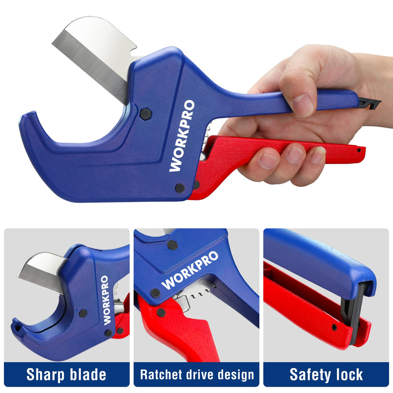 WORKPRO Ratchet PVC Pipe Cutter Tool, Up to 2-1/2", Pex Cutting Tool for Cutting PEX, PVC, PPR, and Plastic Hoses with Sharp 5Cr15MoV Stainless Steel Blades, Suitable for Home Repairs and Plumbers 2-1/2"(63mm)