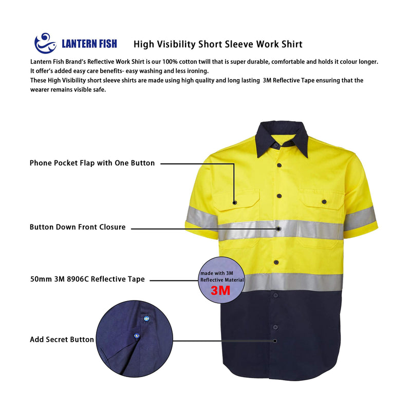 LANTERN FISH High Visibility Shirts Class 3 Reflective Men's Hi Vis Safety Cotton Shirt Lightweight for Construction Work Yellow/Navy Large