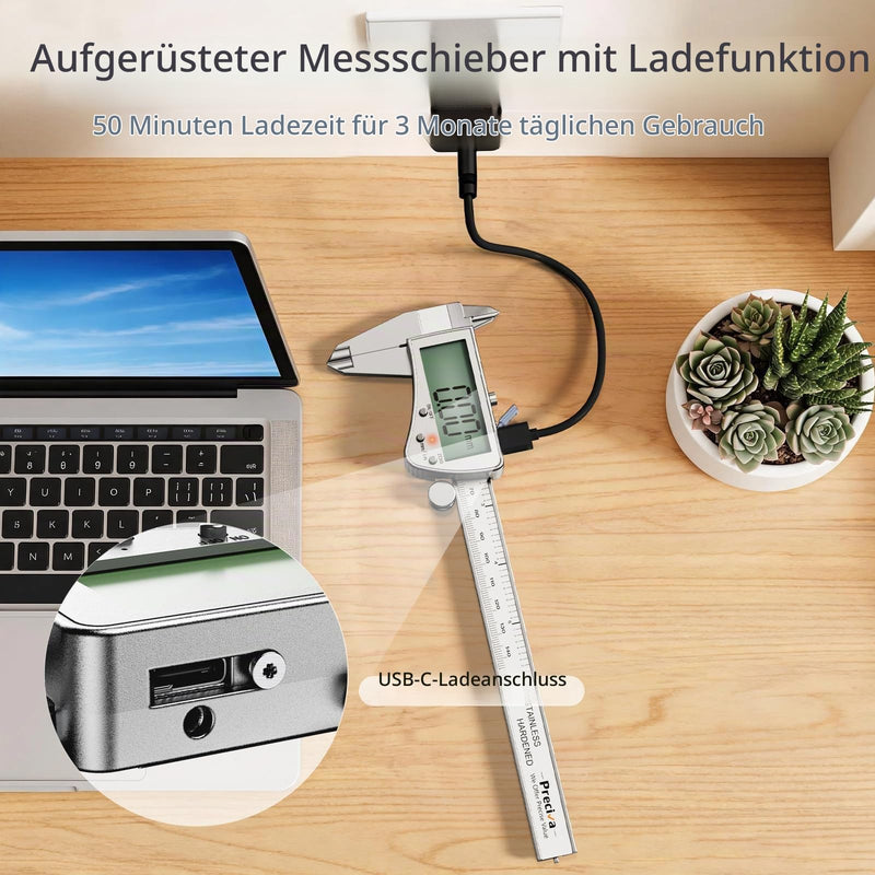 Preciva 150 mm Digital Calliper, Digital Calliper, Stainless Steel, Rechargeable, IP54, Waterproof, Electronic Calliper with Large LCD Display for Industrial, Electrical, Automotive, Crafters