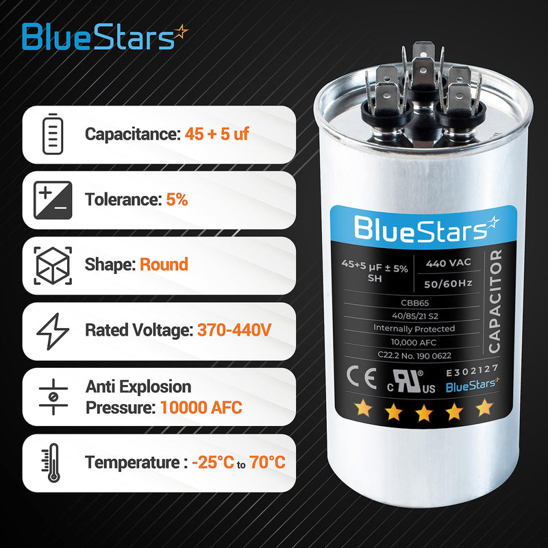 BlueStars Upgraded version 45+5 uf/MFD 45/5 uf 370 or 440 Volt VAC Round Dual Run Capacitor CBB65 50/60 Hz - Compatible for AC Condenser Straight Cool or Heat Pump Air Conditioner 30.000 hrs Pack of 1