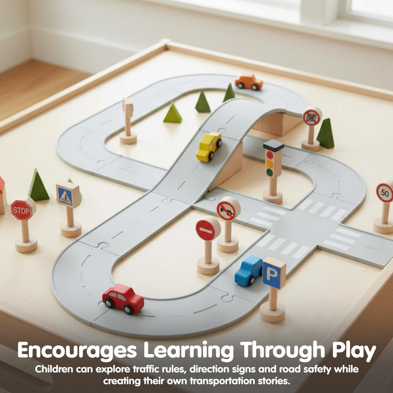PlanToys® Traffic Signs & Lights Wooden Montessori Imaginative Play Set | Early Language, Social Skills and Real-World Awareness Activity | Eco Friendly Road Sign Learning Set for Meaningful Play