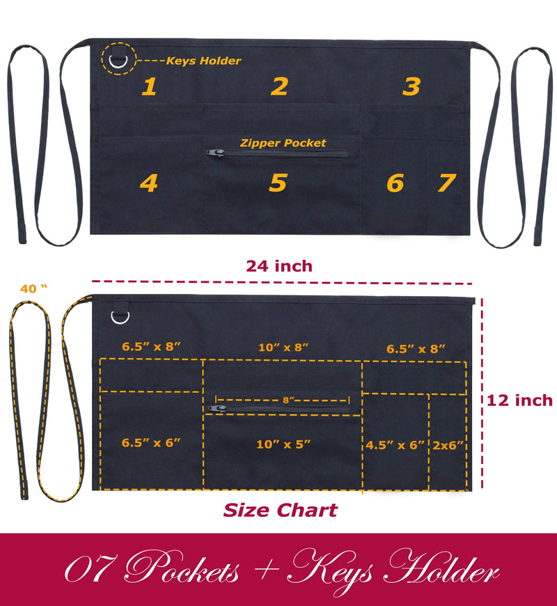 [Australia - AusPower] - 7 Pockets Server Aprons with Zipper Pocket (2 Pack) - Aprons for Women Men - Waiter Waitress Waist Half Apron 24x12 Black 