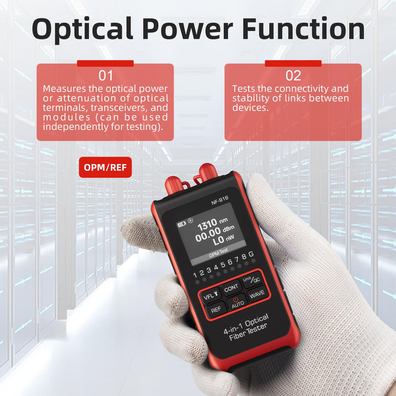 [Australia - AusPower] - Optical Power Meter Fiber Optic Cable Tester 4 in 1 Optical Fiber Light Power Meter, Portable Built-in 10mW Visual Fault Locator (OPM&VFL) Network Cable Tester, FC/SC/ST Universal Interface USB Charge NF-916 