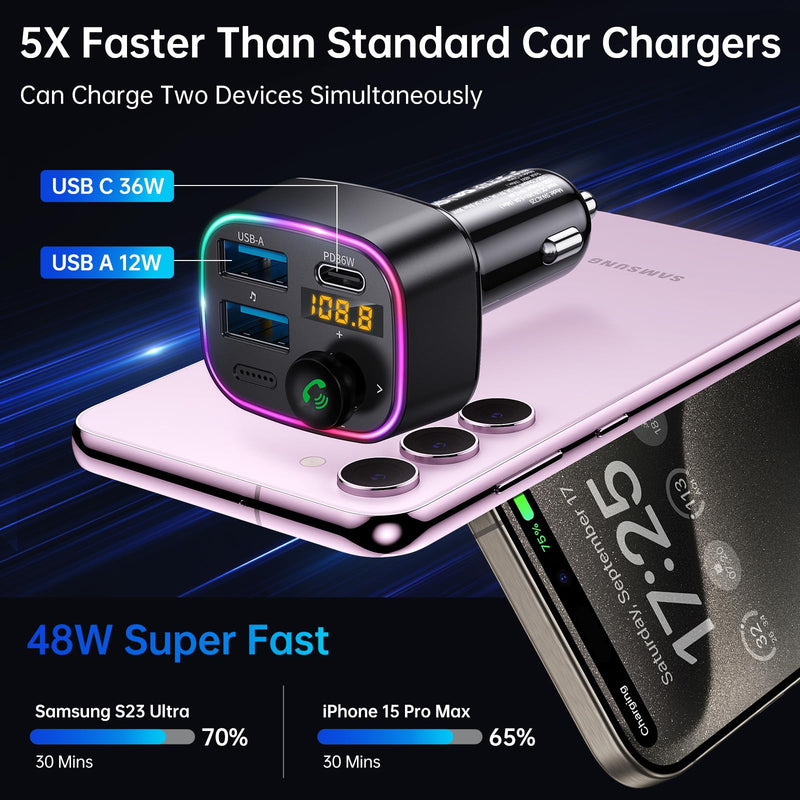 [Australia - AusPower] - Syncwire Bluetooth 5.3 FM Transmitter Car Adapter 48W (PD 36W & 12W) [Light Switch] [HiFi Bass Sound] [Fast Charging] Wireless Radio Music Adapter LED Display Hands-Free Calling Support USB Drive Black 
