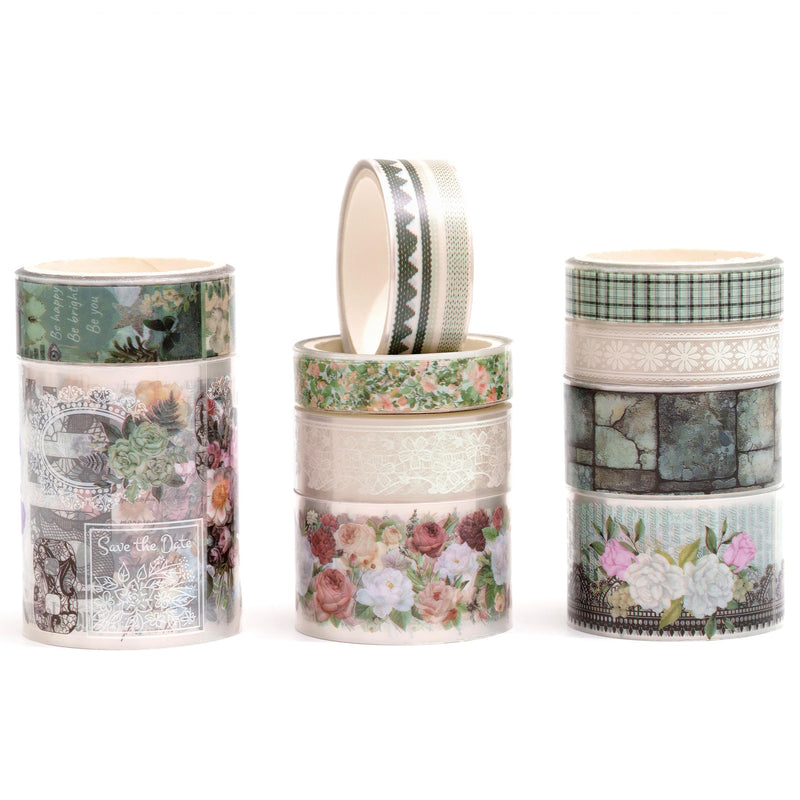 10 Rolls Lace Patterns PET Tapes Floral Arts Decorative Tape Set Adhesive Transparent Masking Tapes for DIY Craft, Kids, Scrapbook, DIY, Gift Wrapping, Journal (Style Two) Style Two