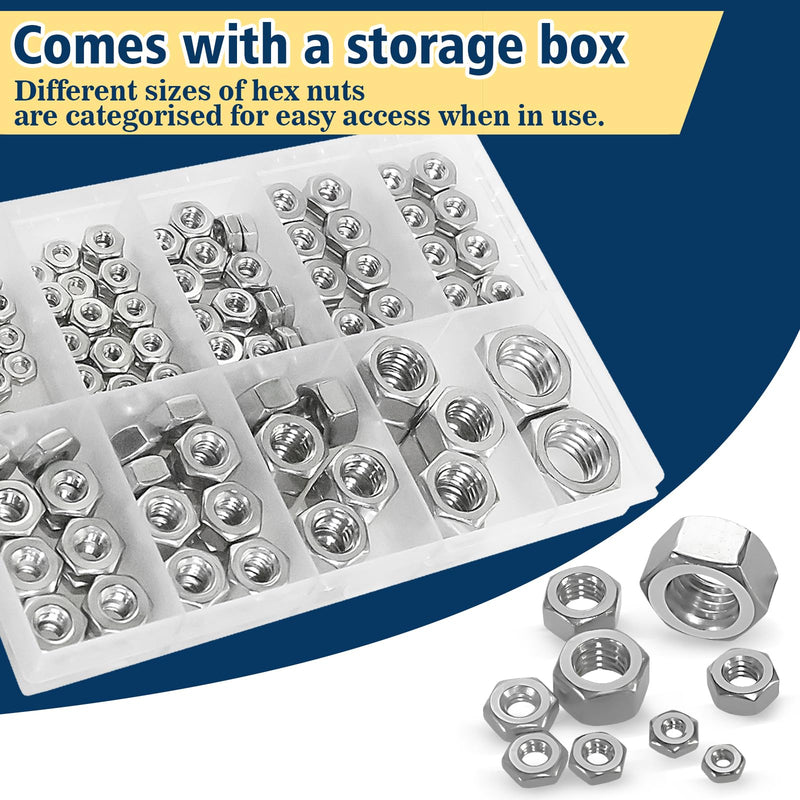 [Australia - AusPower] - 150pcs SAE Hex Nuts Assortment Kit,4#40 6#32 8#32 10#24 10#32 12#24 1/4-20 5/16-18 3/8-16 1/2-13 Hardware Nuts Sets,304 Stainless Steel SAE 150 Pack 